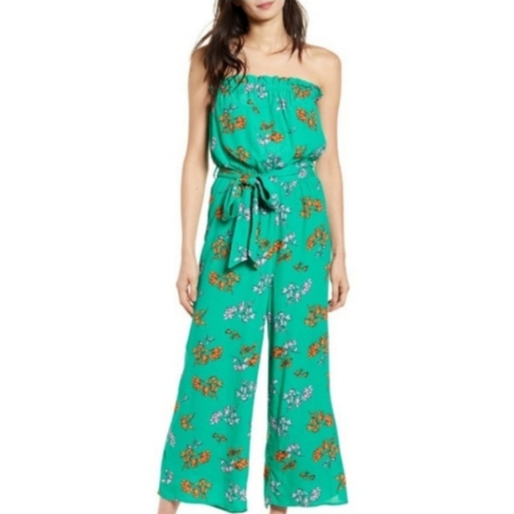 Lost + Wander Kelly Green Jumpsuit with Botanical Print & Sash Belt. Like New!